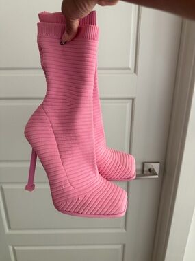 SHEIN Pink Ribbed Sock Heeled Ankle Boots